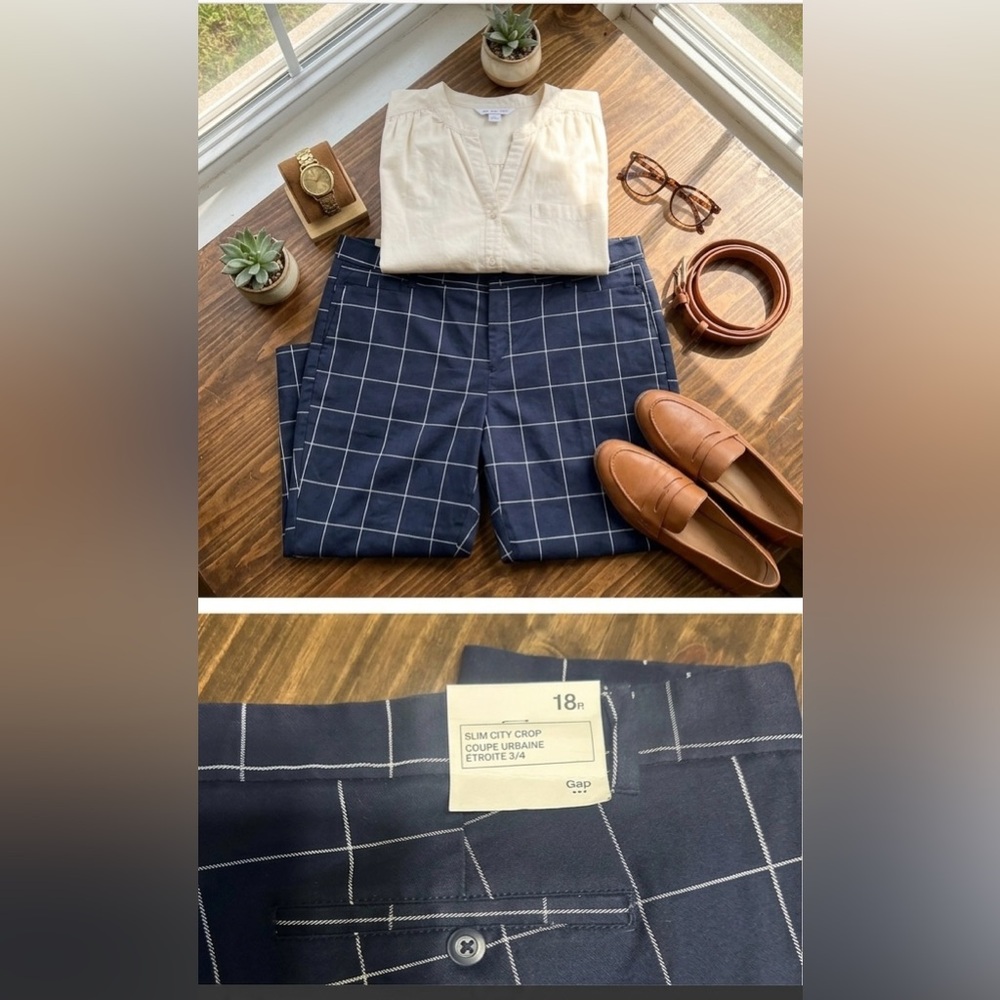 GAP Navy+ White Windowpane Slim City Cropped Pants Size 18 R NWT